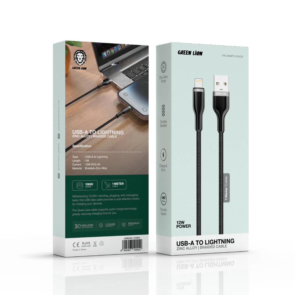 Green Lion Braided Zinc Alloy USB-A to Lightning Cable