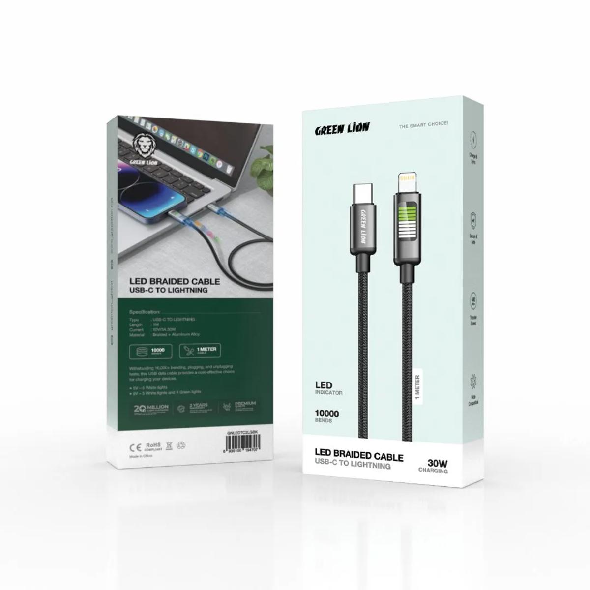 Green Lion LED Braided Cable USB•C to Lightning