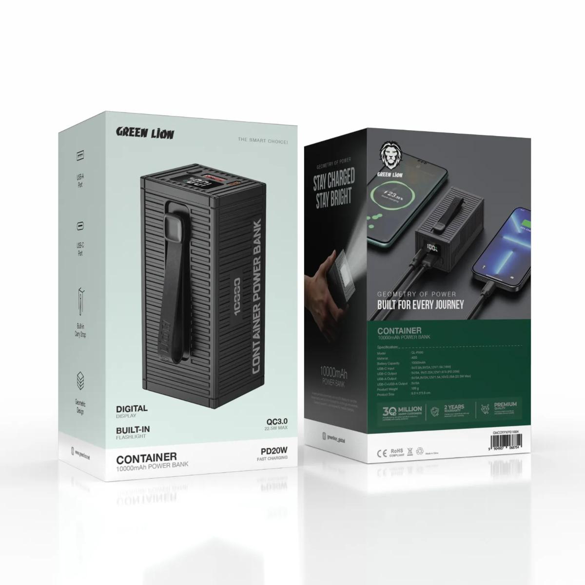 Green Lion 10000mAh Container Power Bank with Built-in Cable