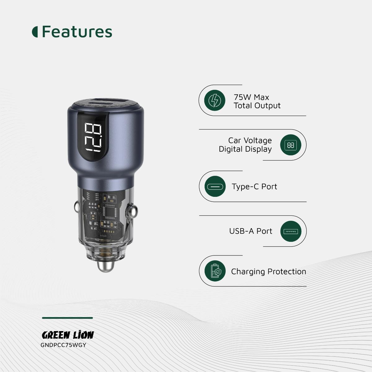 Green Lion Dual Port Car Charger PD+QC 75W
