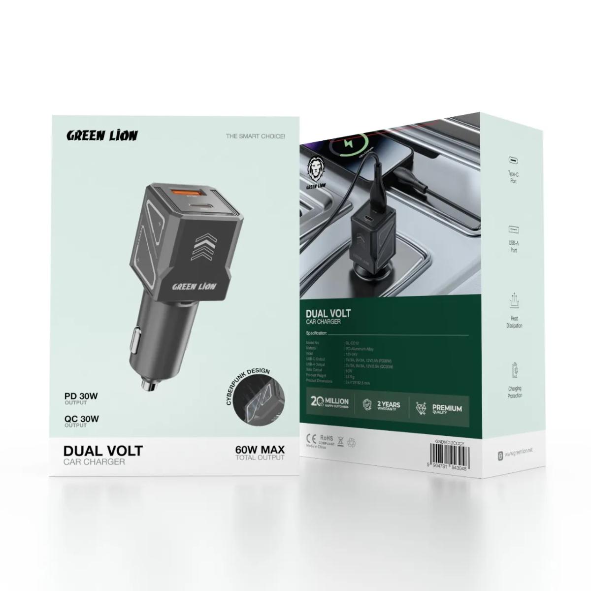 Green Lion Dual Volt Car Charger PD+QC 60W