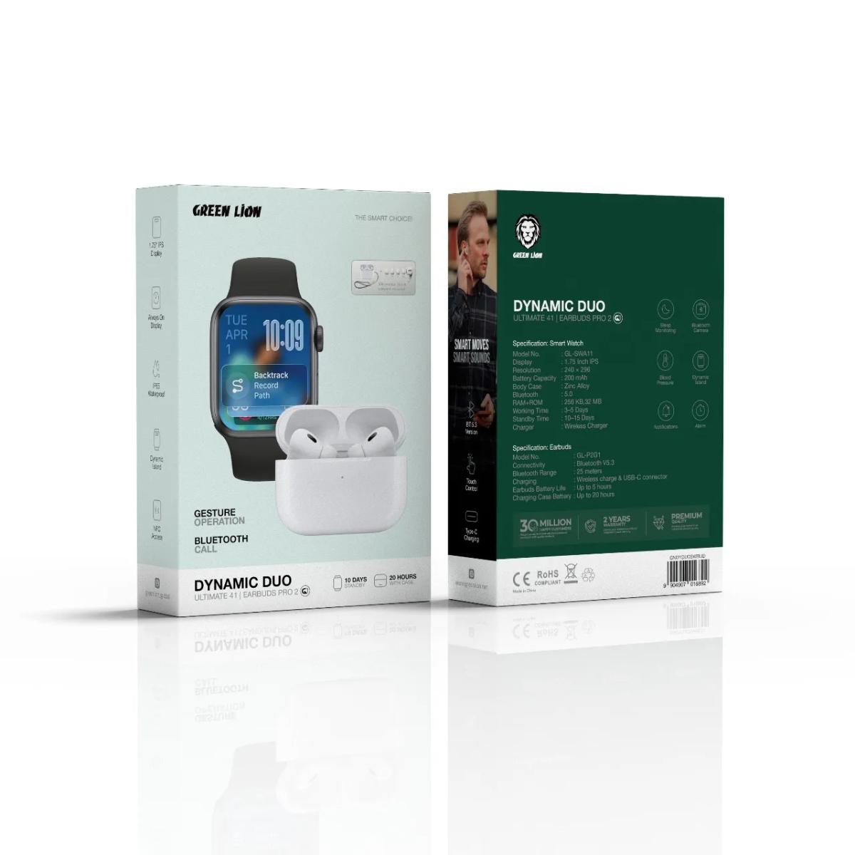 Green Lion Dynamic Duo: 2-in-1 Smartwatch & Earbuds
