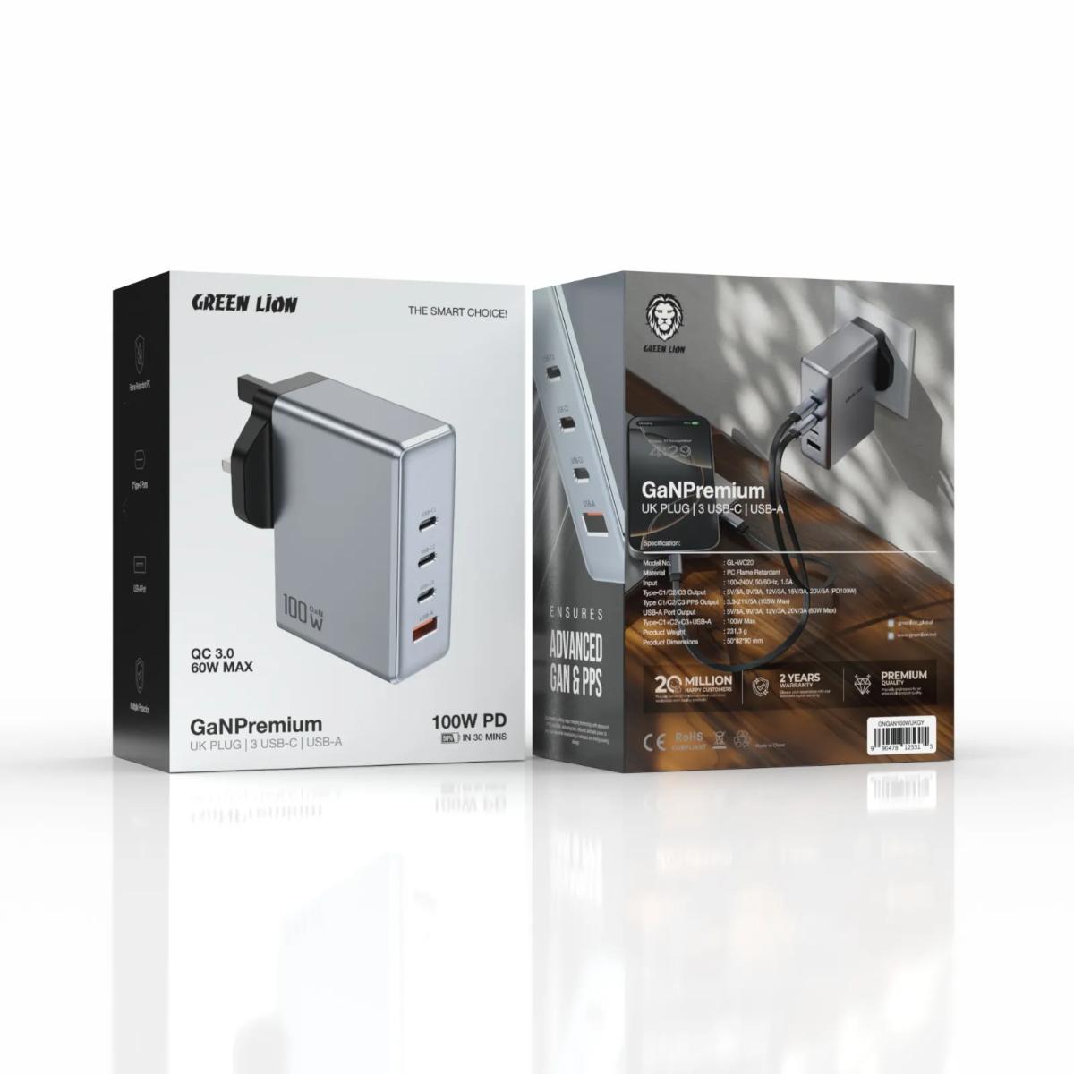 Green Lion GaN Premium 100W 4-Port Fast Wall Charger