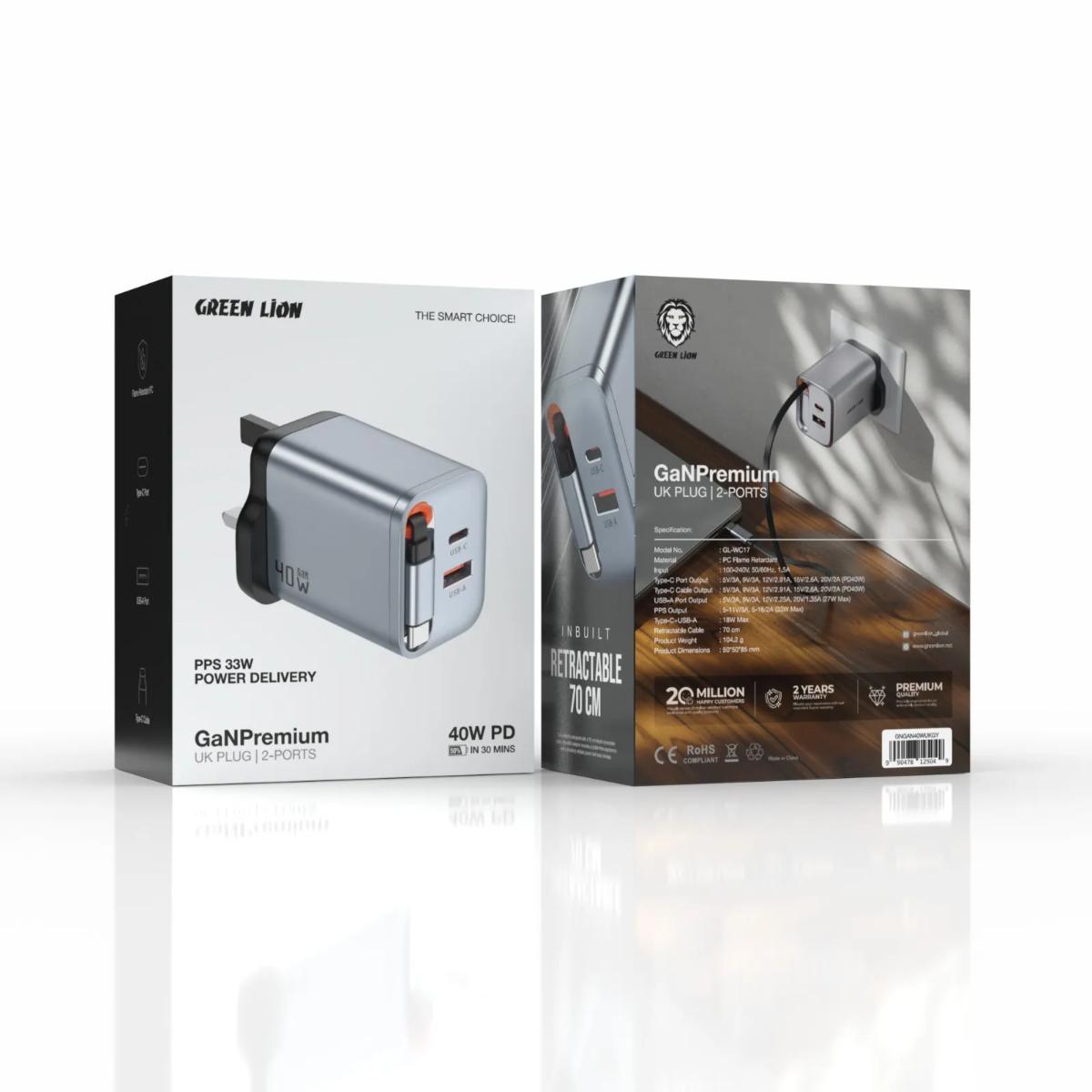 Green Lion GaNPremium 40W PD Dual-Port UK Wall Charger