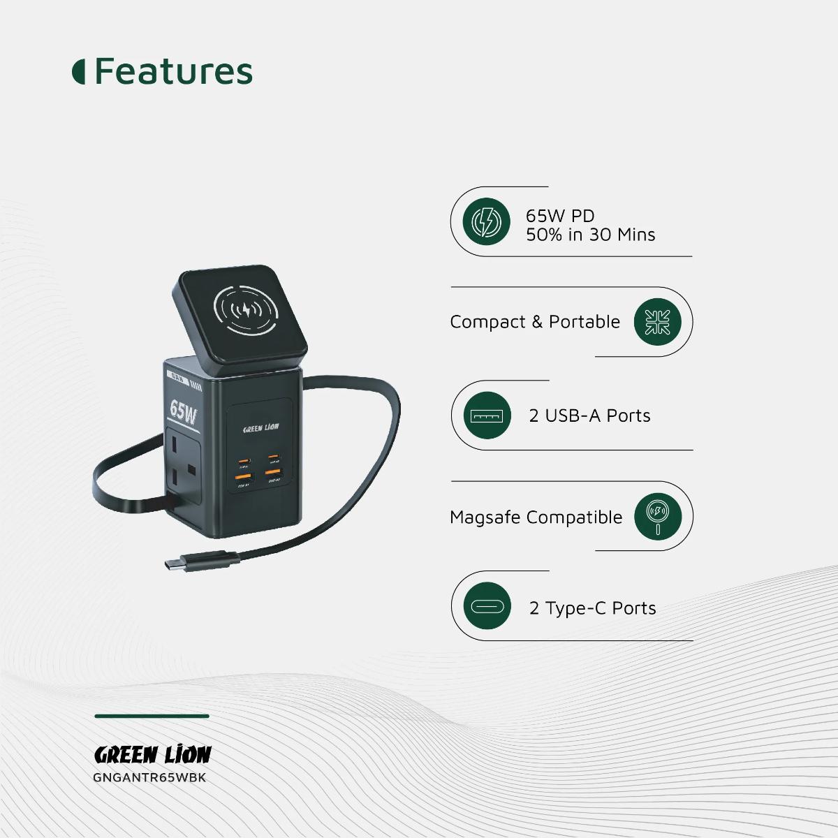 Green Lion GaN 65W Multi Port Travel Adapter