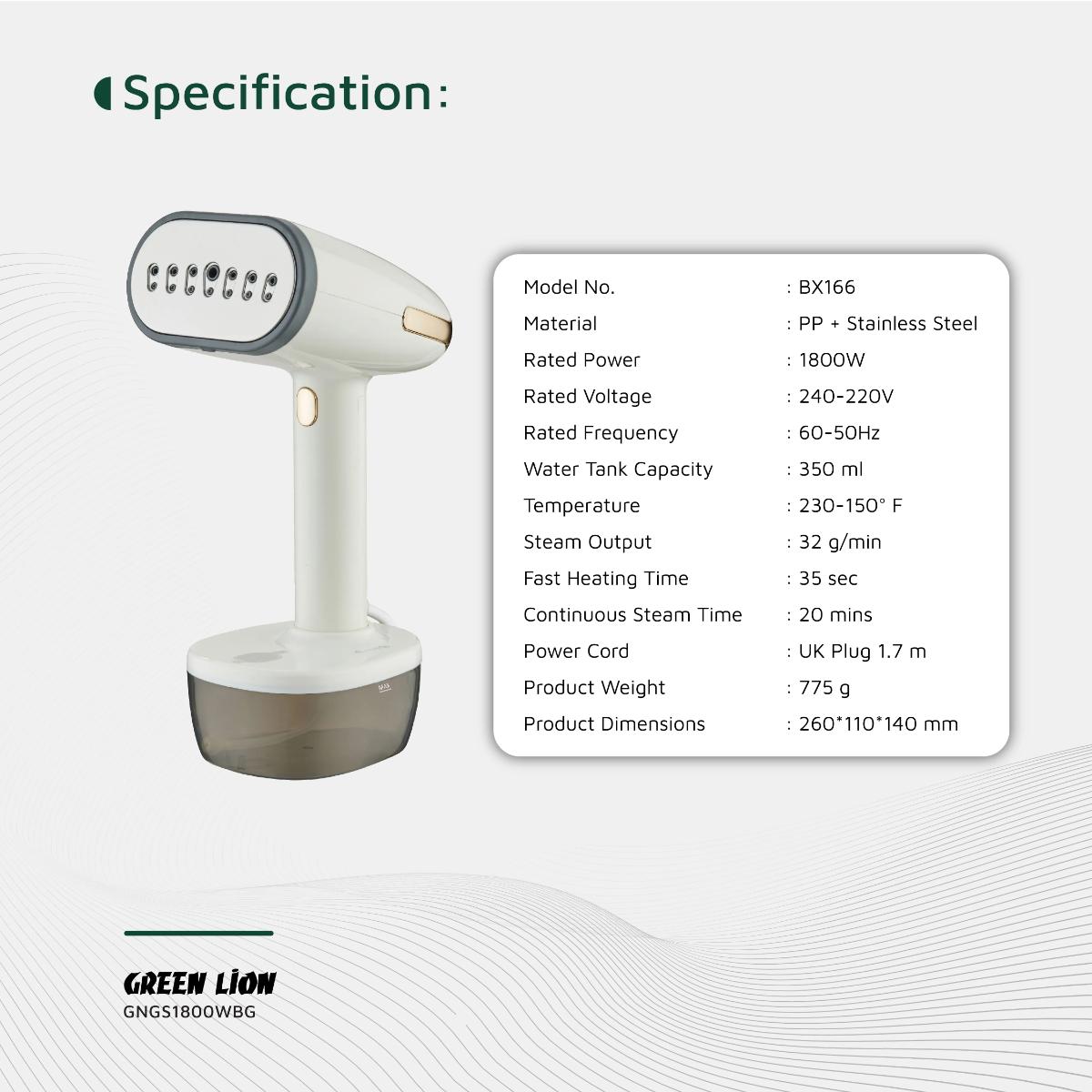 Green Lion Steam 1800W Garment Steamer