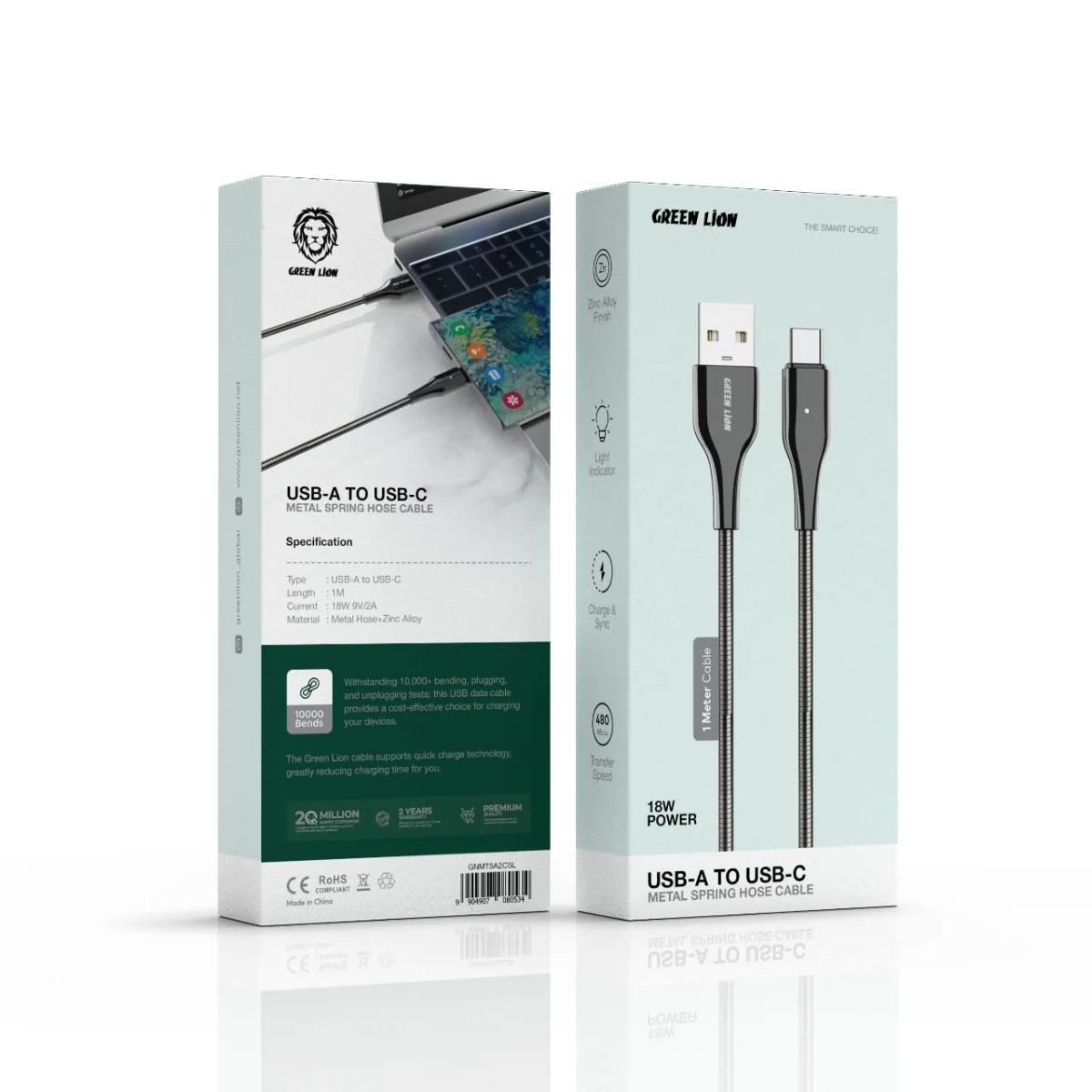 Green Lion Metal Spring Hose Cable USB-A To USB-C