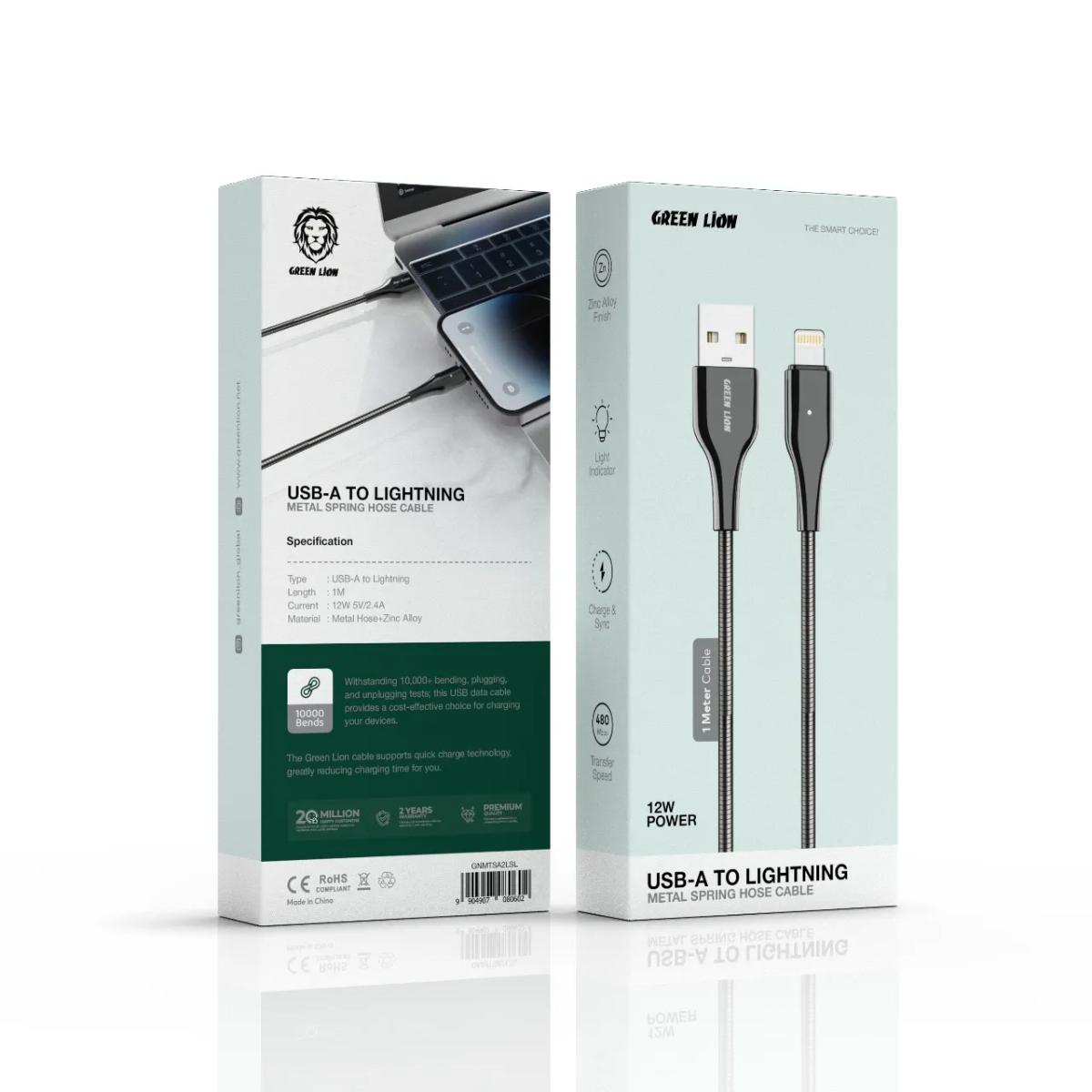Green Lion Metal Spring Hose Cable USB-A To Lightning