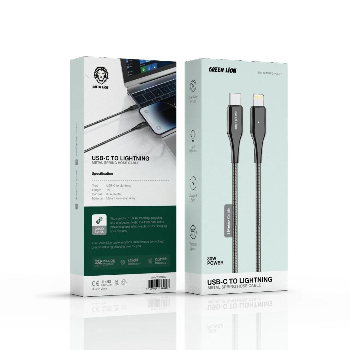Green Lion Metal Spring Hose Cable USB-C To Lightning