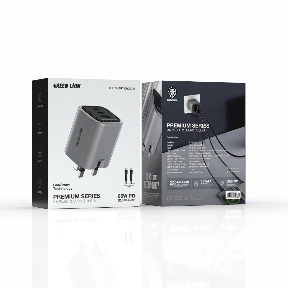 Green Lion Premium 65W GaN 3-Port Wall Charger