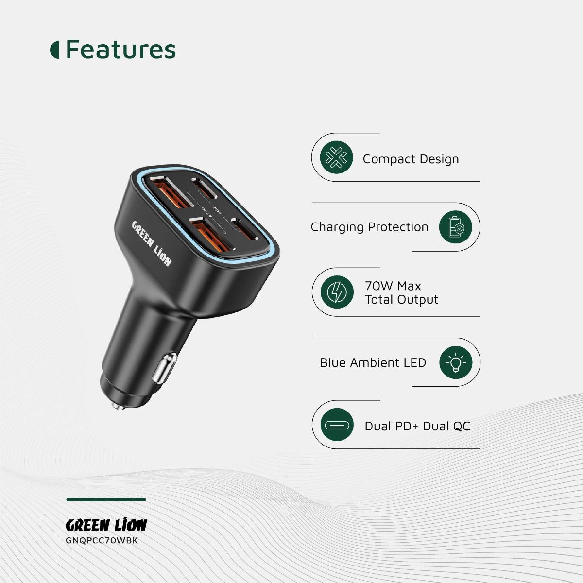 Green Lion Quad Port 70W Car Charger PD+QC 35W