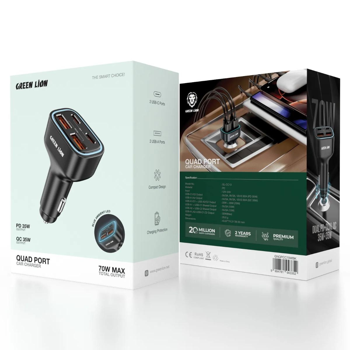 Green Lion Quad Port 70W Car Charger PD+QC 35W