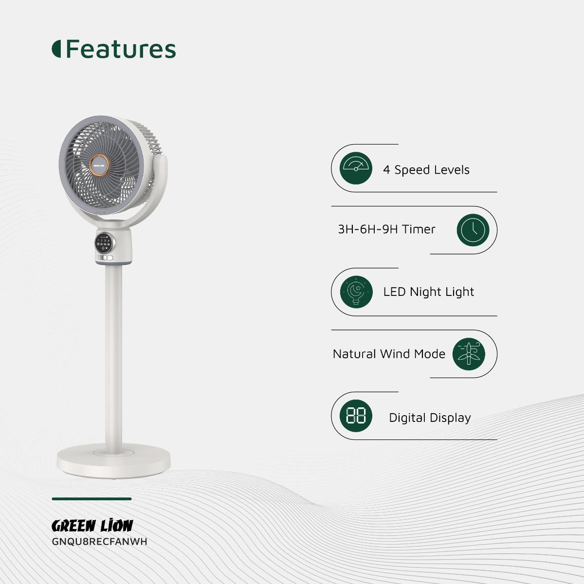 Green Lion Quad Flex Fan - Rechargeable, 8 Inch, 3 Blade