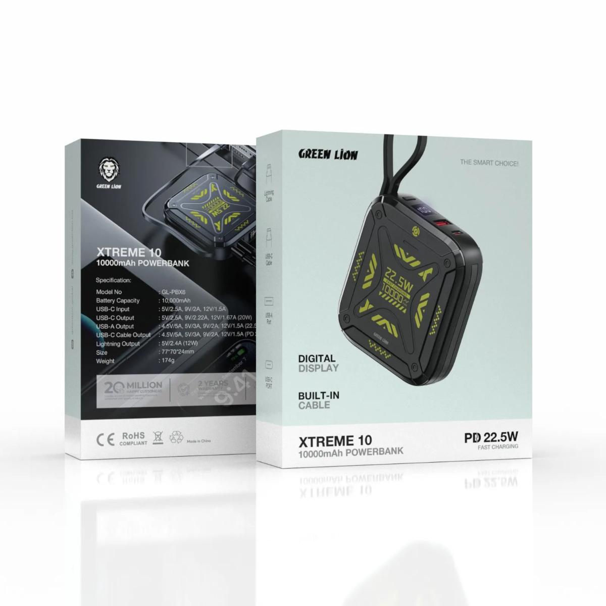 Green Lion Xtreme 10 Power Bank (10000mAh, 22.5W PD, Built-In Cables)