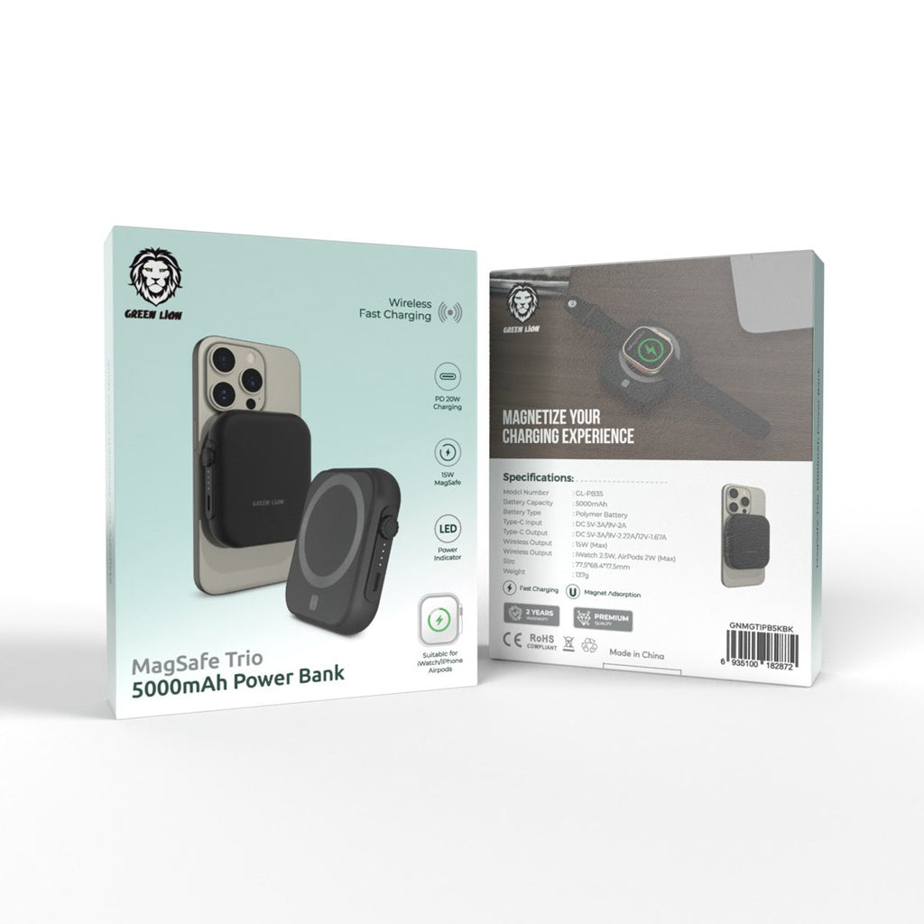 Magsafe Trio Power Bank 5000 mAh PD 20W Black by Green Lion