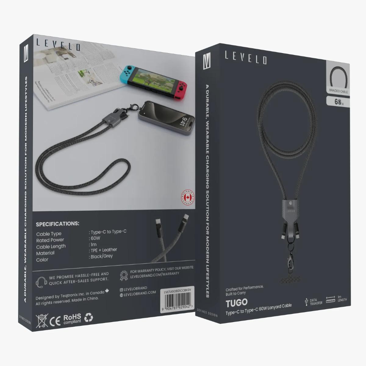 Levelo Tugo 60W Type-C to Type-C Leather Lanyard Cable