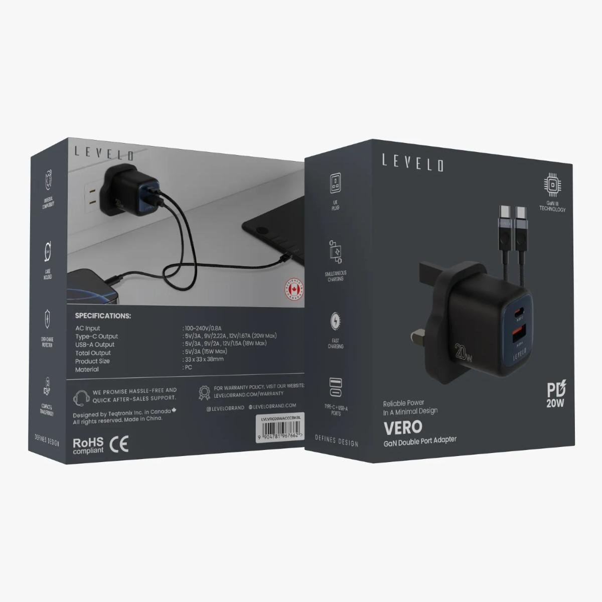 Levelo Vero 20W Dual-Port GaN Wall Charger