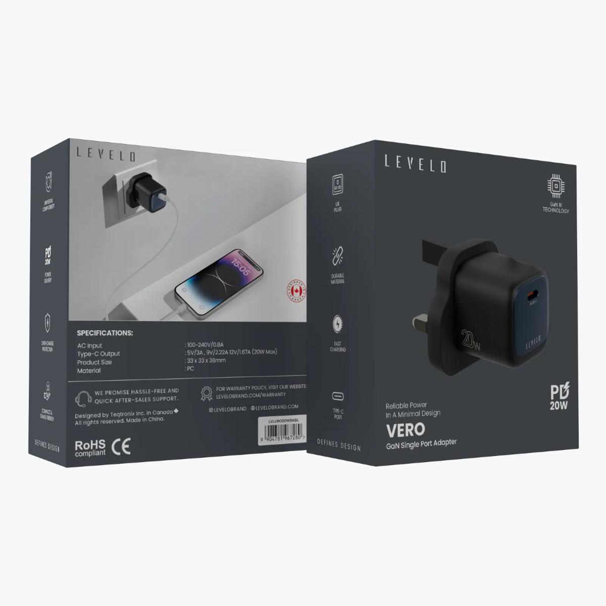 Levelo Vero 20W GaN UK Adapter