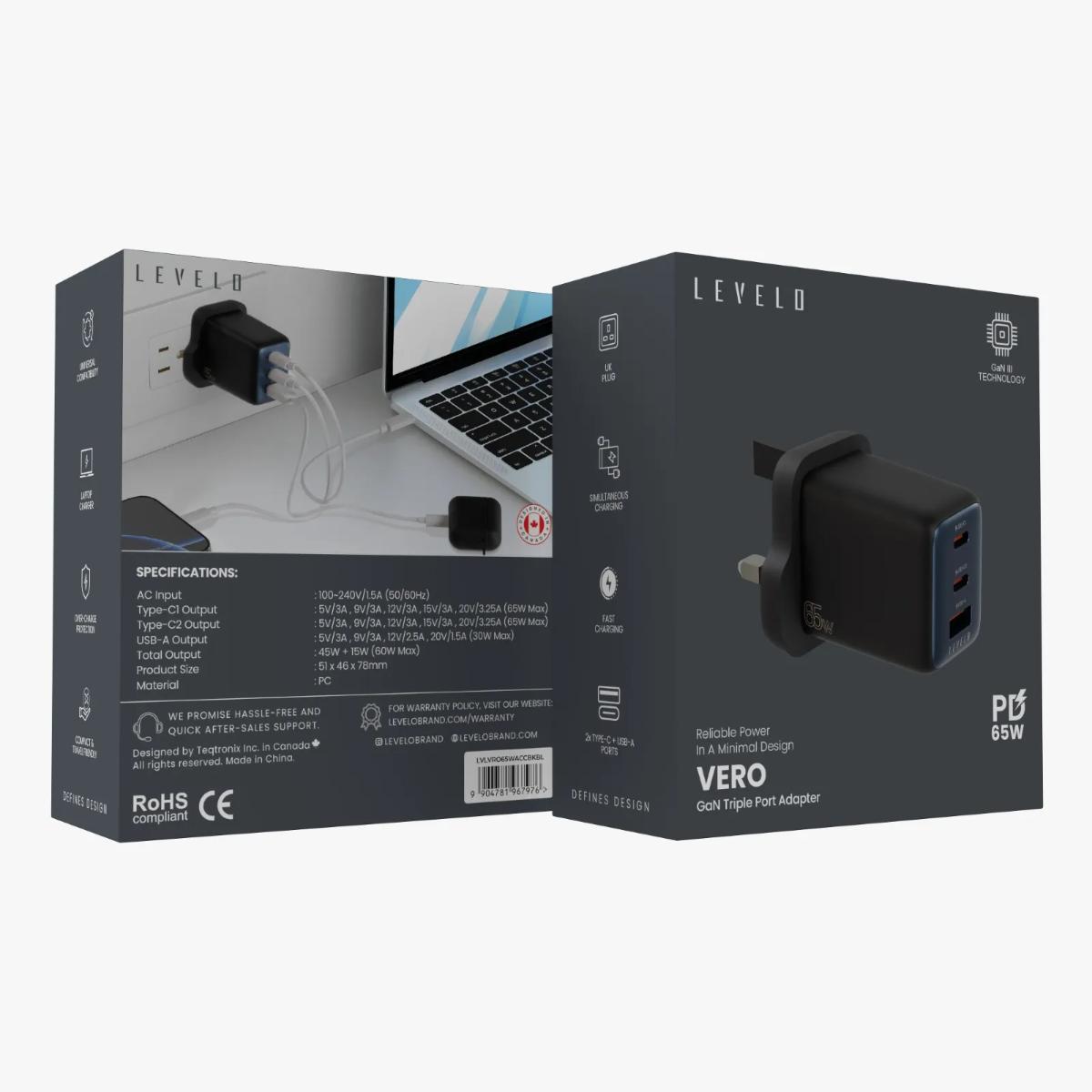 Levelo Vero GaN Triple Port Adapter 65W