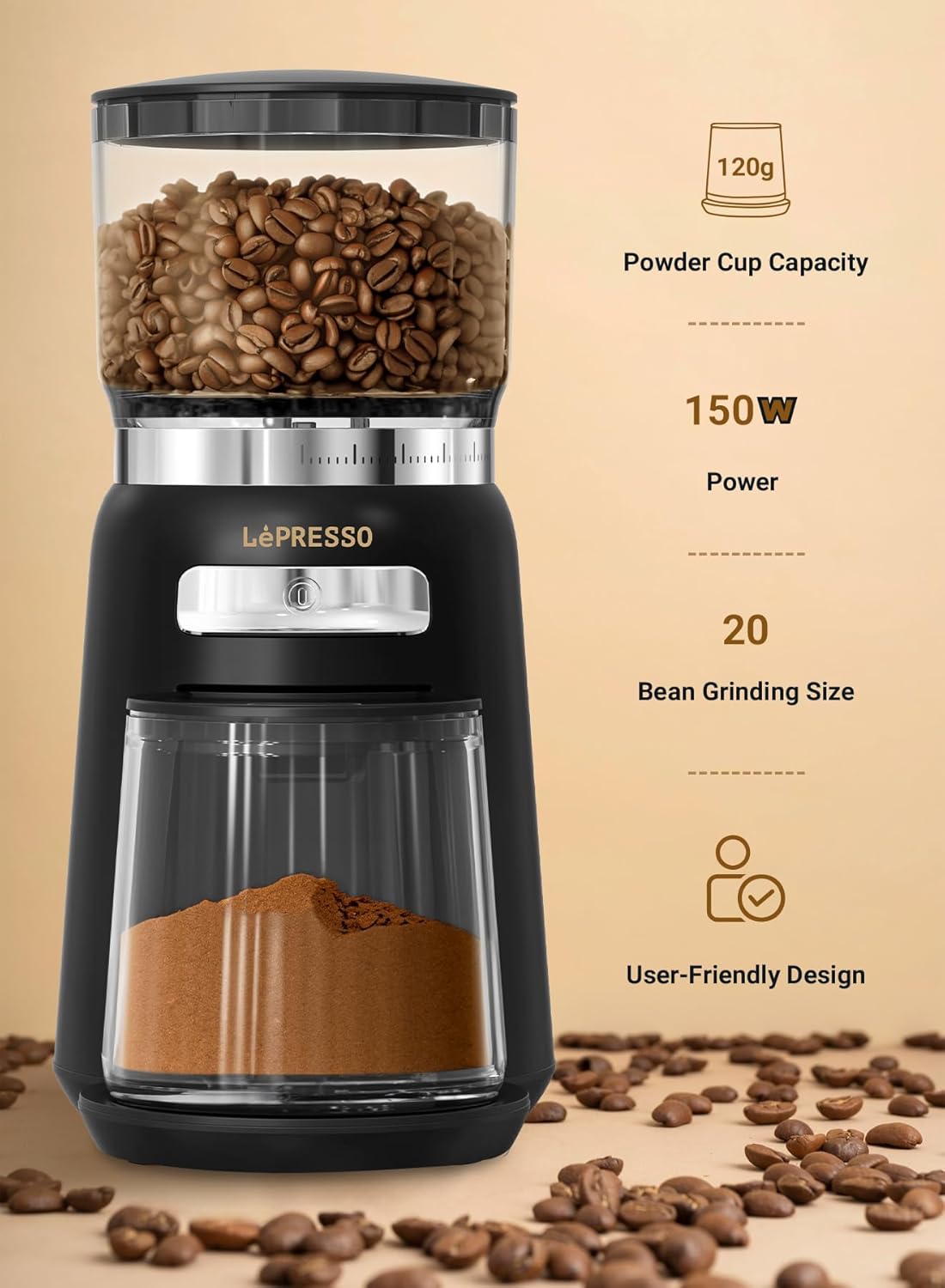 High Performance Coffee Bean Grinder 150W by Lepresso