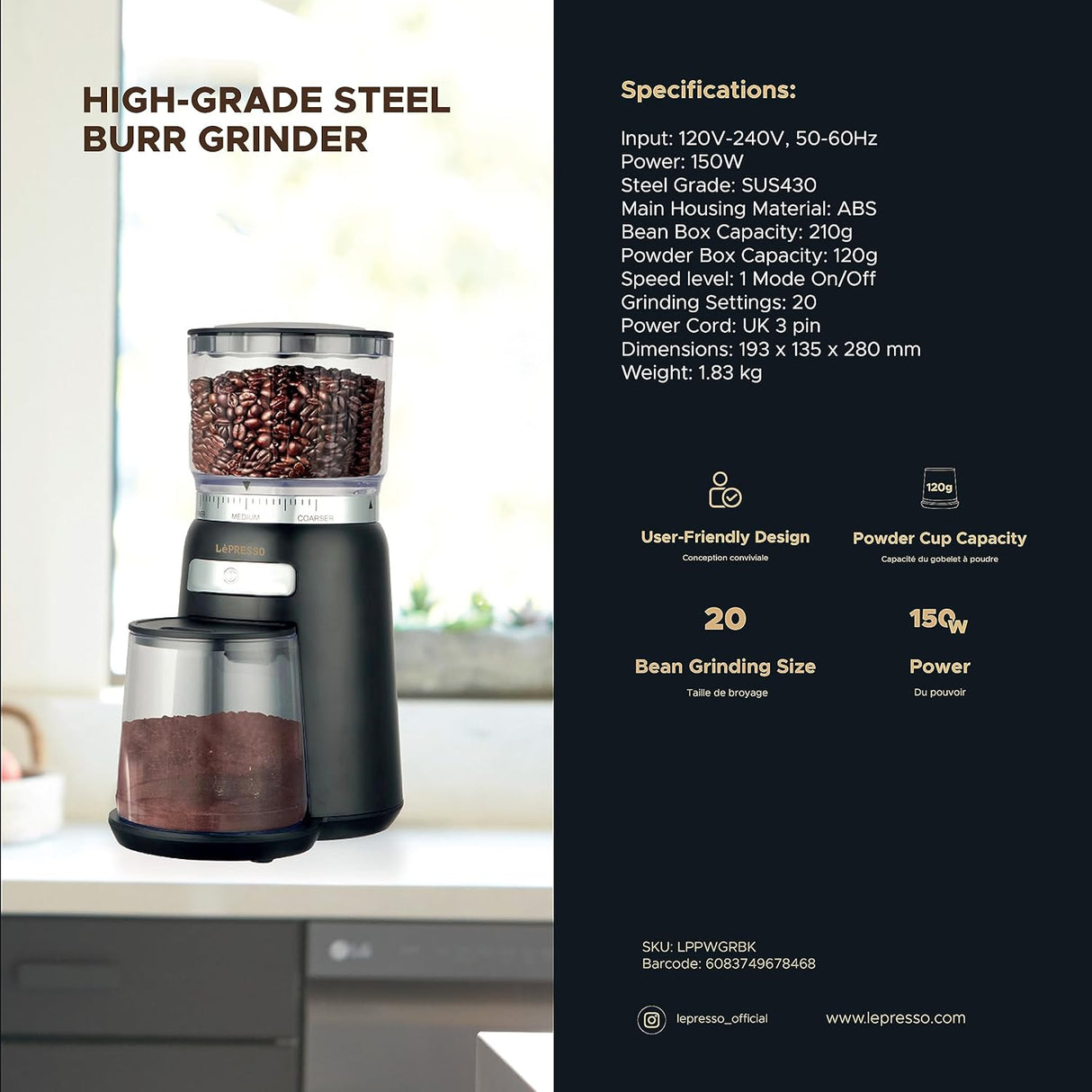 High Performance Coffee Bean Grinder 150W by Lepresso