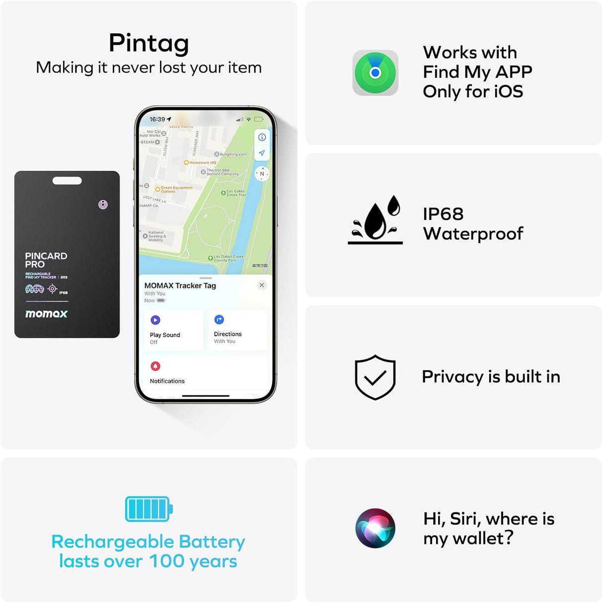 PinCard Pro Rechargeable Find My Locator by Momax