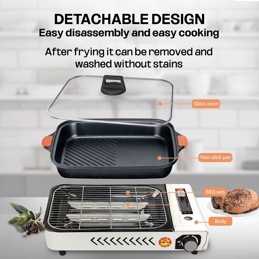 Outdoor Camping Gas Stove with BBQ Grills Grid and Fry Pan