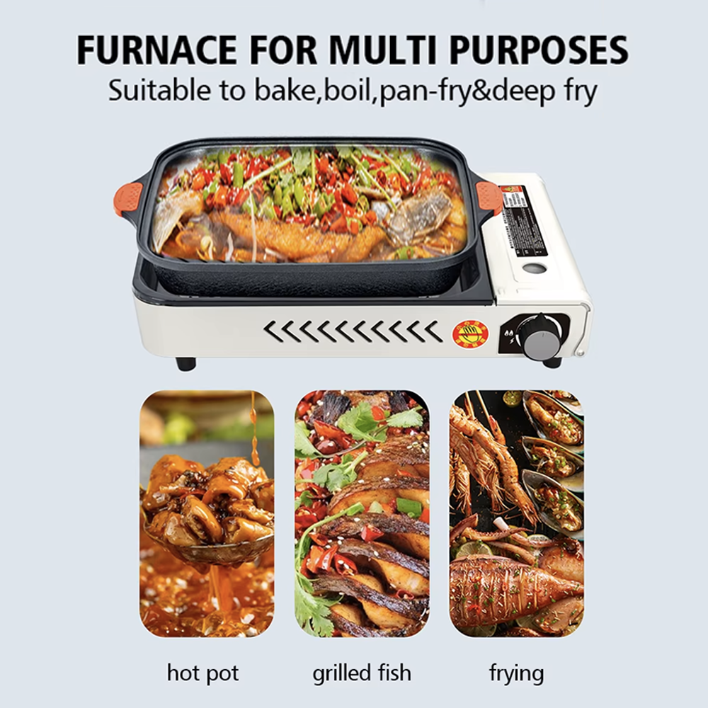 Outdoor Camping Gas Stove with BBQ Grills Grid and Fry Pan