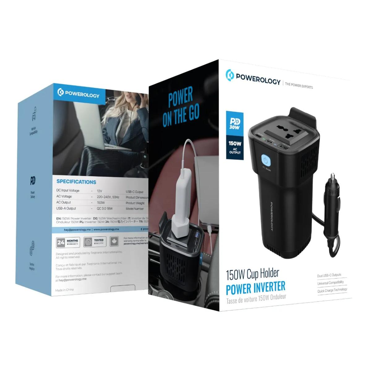 Powerology 150W Cup Holder Car Power Inverter