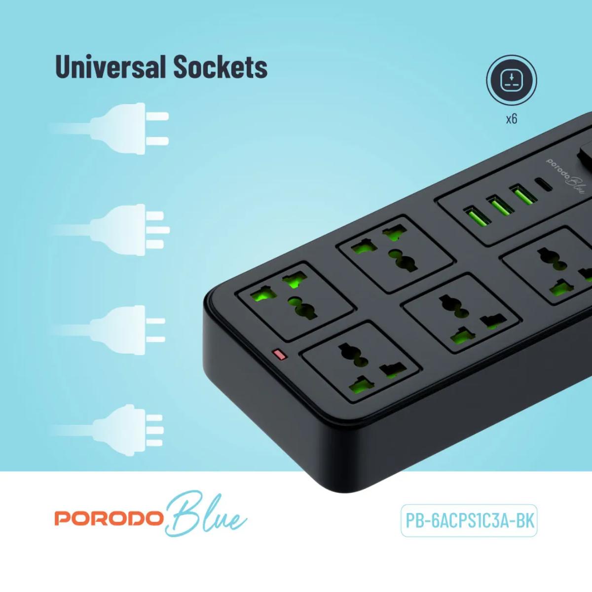 Porodo Blue 6 Universal Sockets Power Strip