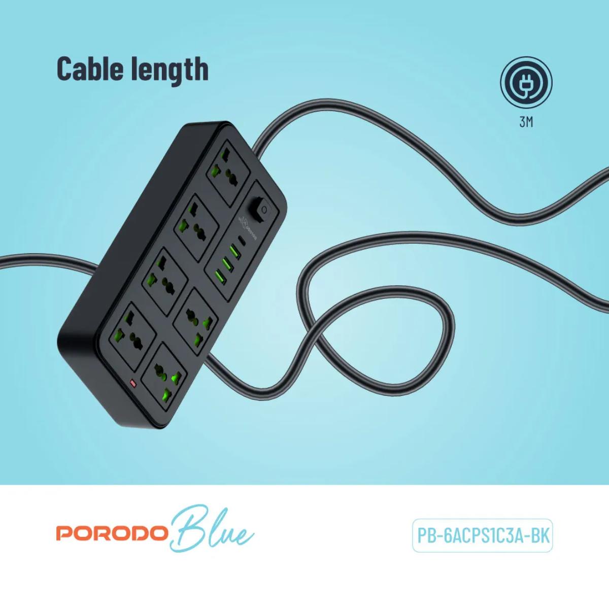 Porodo Blue 6 Universal Sockets Power Strip