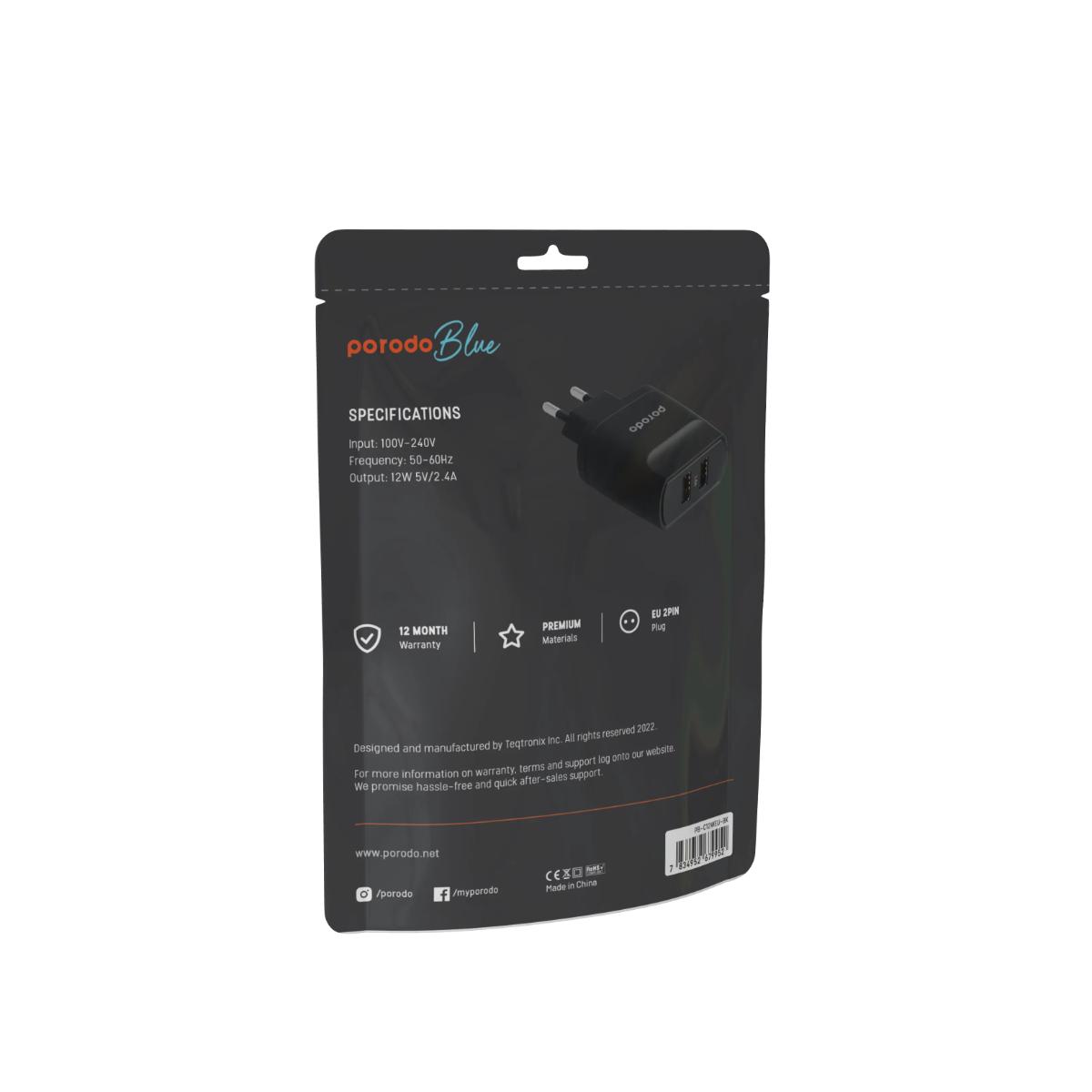 Porodo Blue 2-Port 12W EU Wall Charger