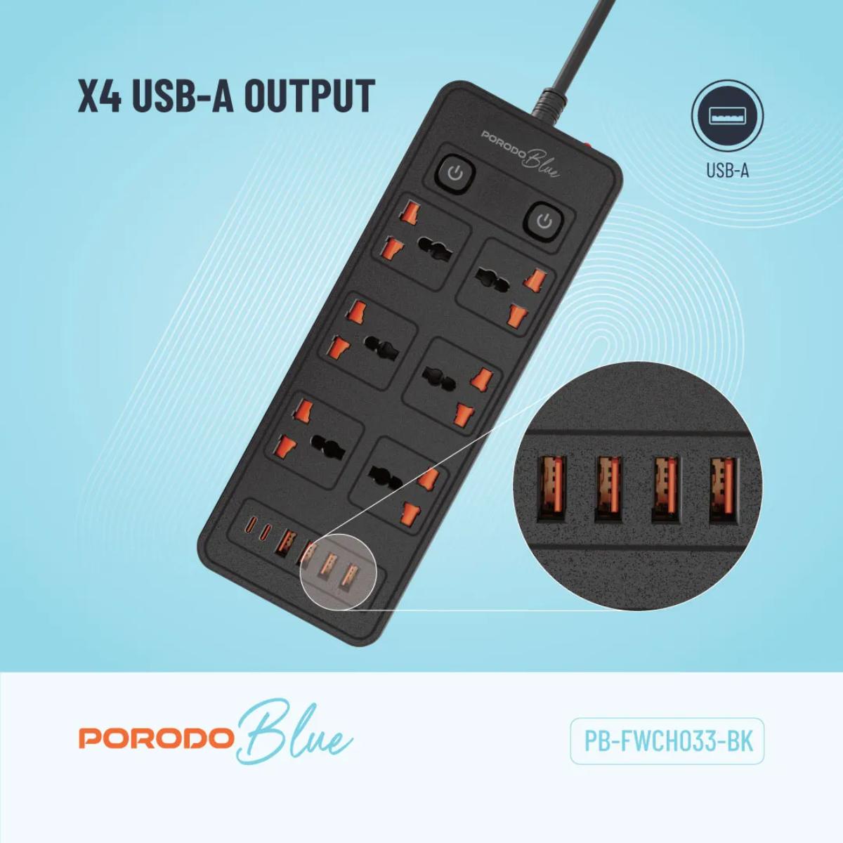 Porodo Blue 6 AC - Dual Switch Power Strip