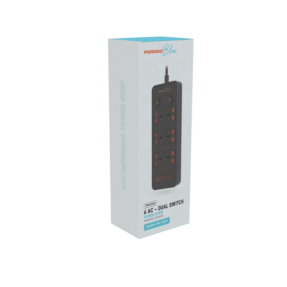 Porodo Blue 6 AC - Dual Switch Power Strip