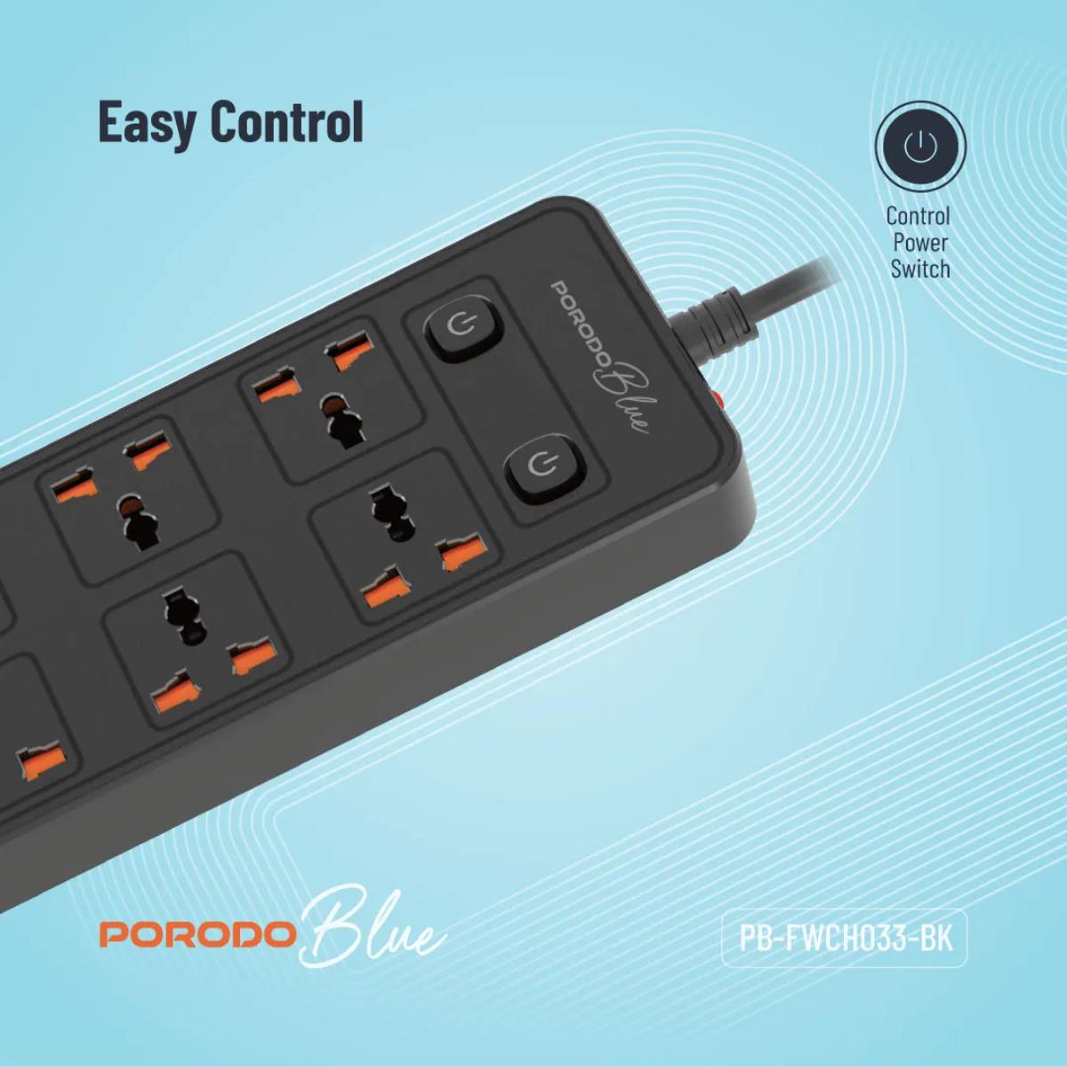 Porodo Blue 6 AC - Dual Switch Power Strip