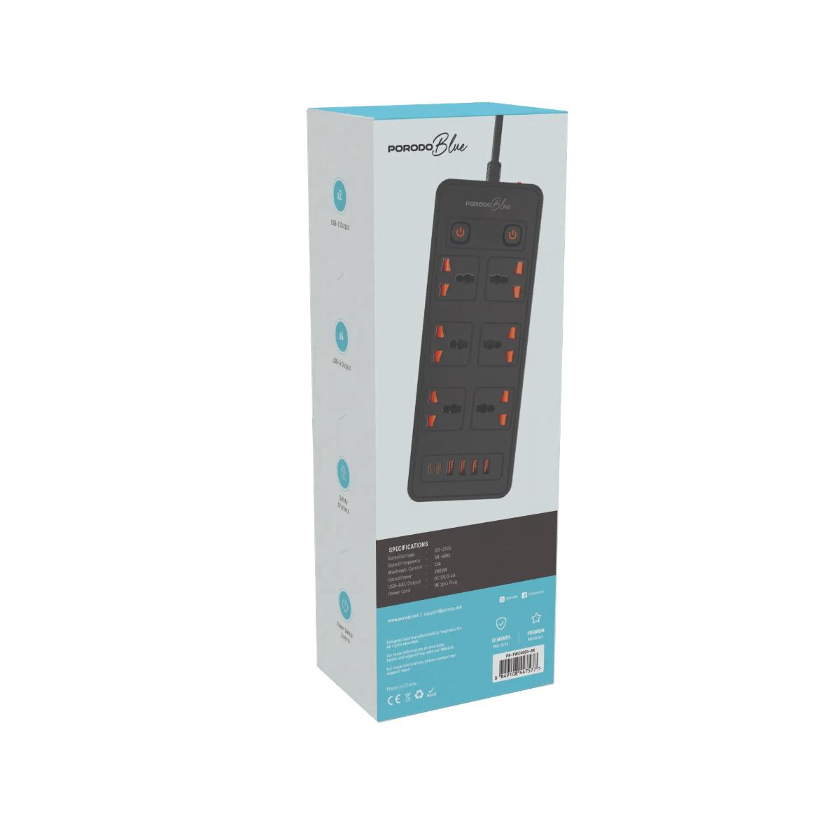 Porodo Blue 6 AC - Dual Switch Power Strip