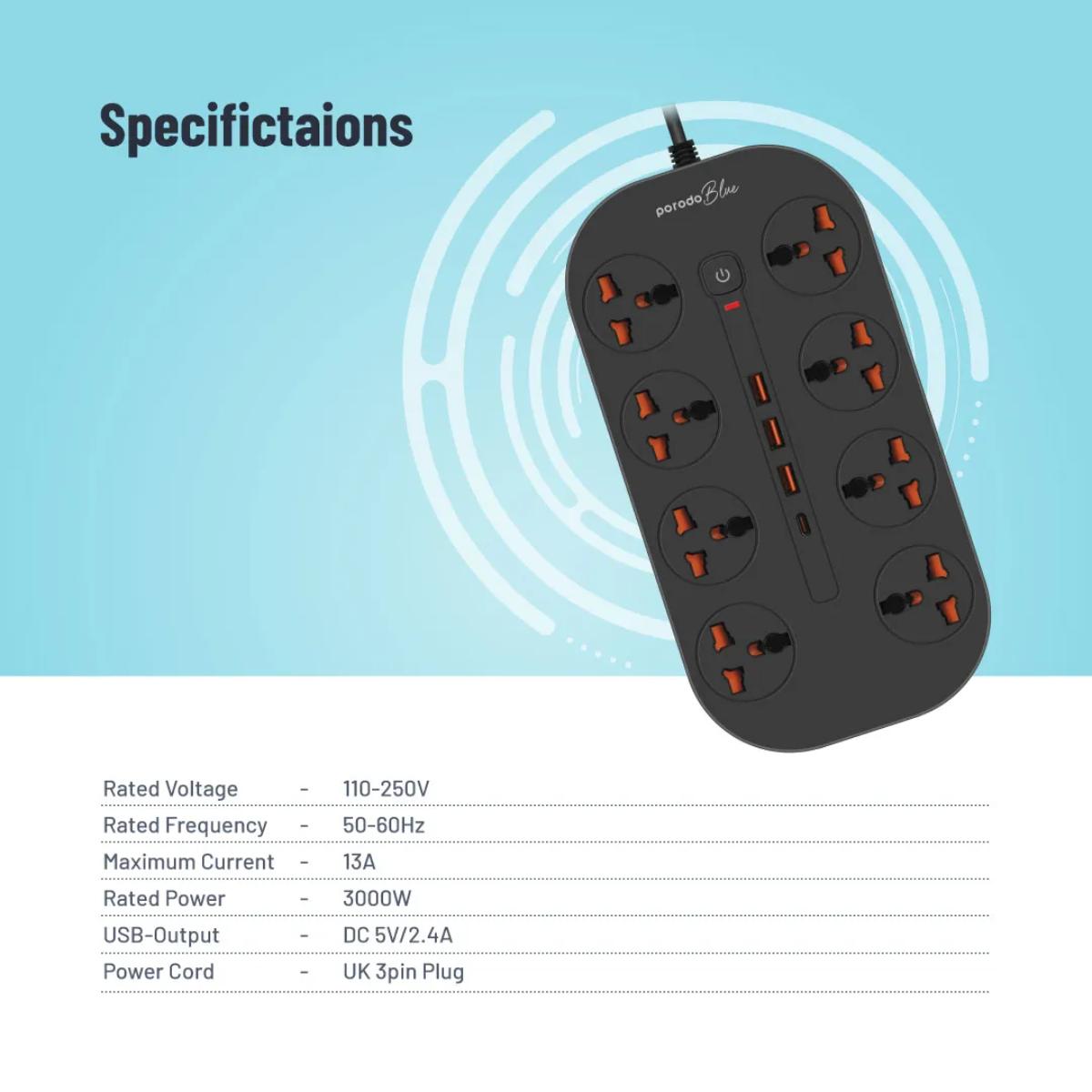 Porodo Blue 8 AC Power Strip