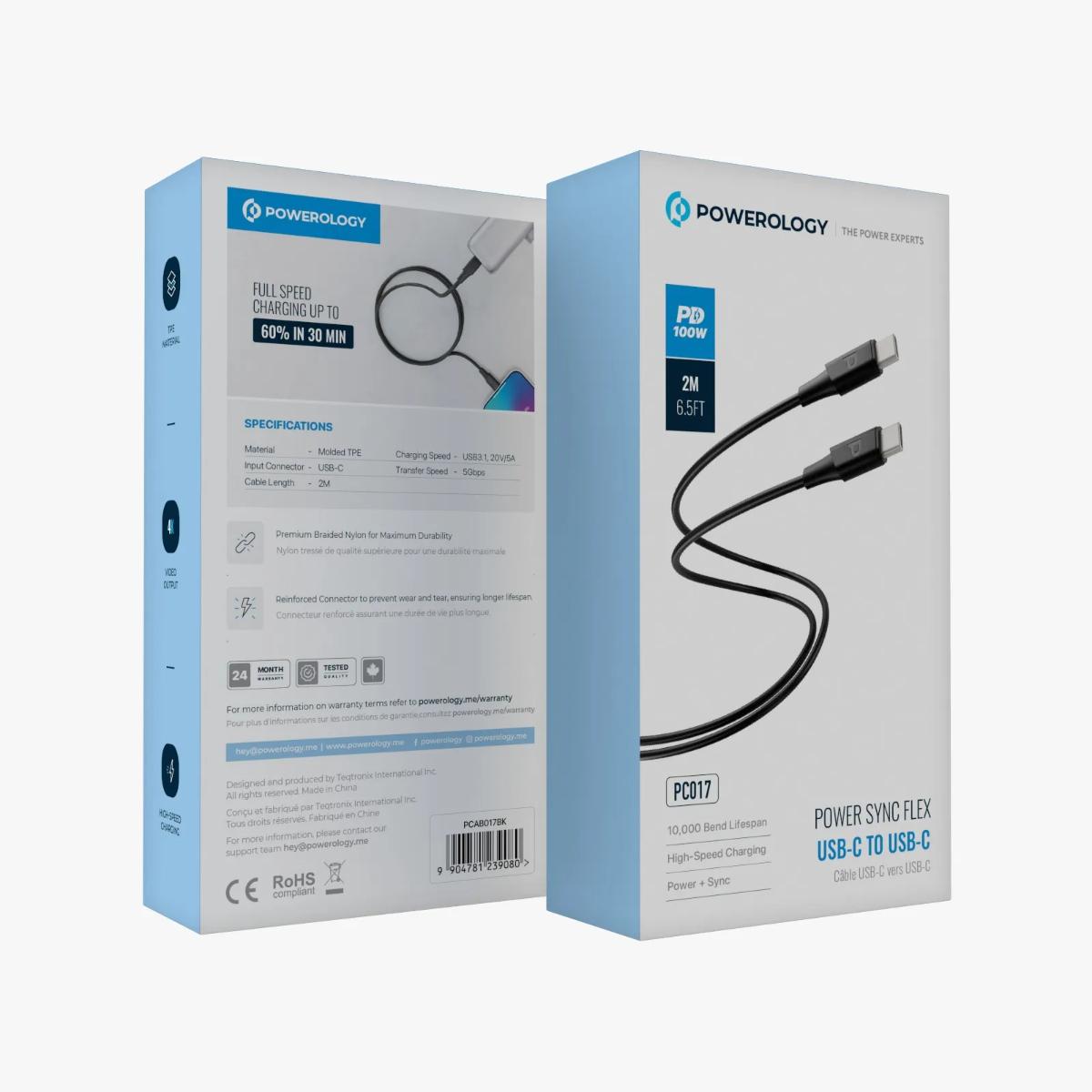 Powerology USB-C to USB-C PD 100W 2M Cable