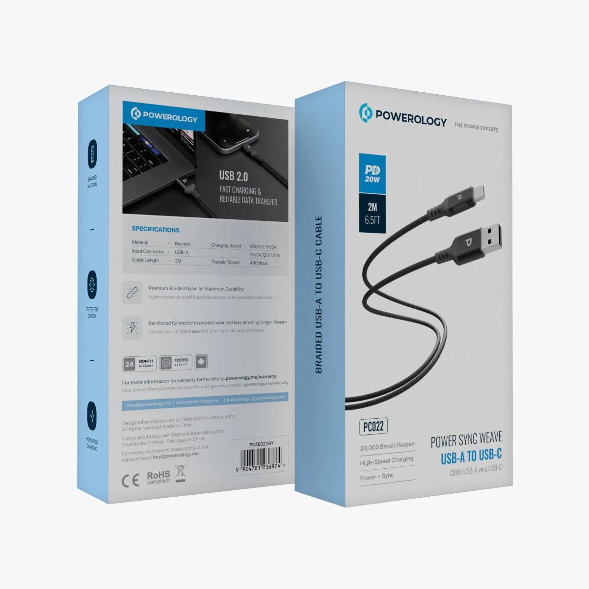 Powerology 2M Braided USB-A to USB-C Cable (