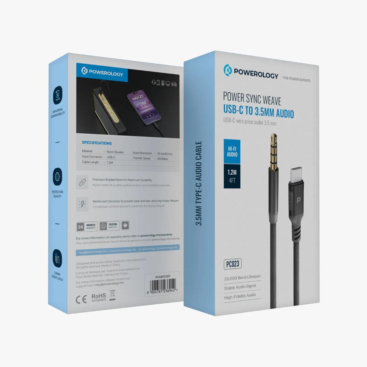 Powerology Power Sync Weave USB-C to 3.5mm Aux Cable