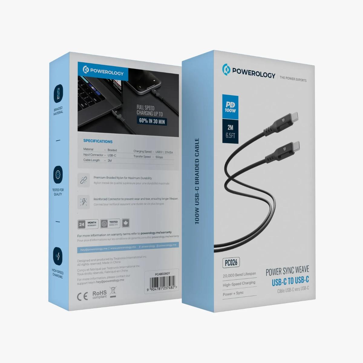 Powerology 100W USB-C to USB-C Cable (2M)
