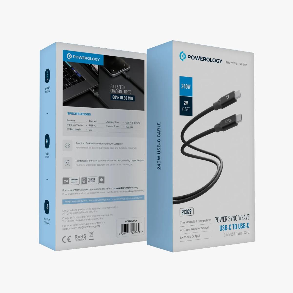 Powerology 240W USB-C to USB-C Cable (2M, 40Gbps)