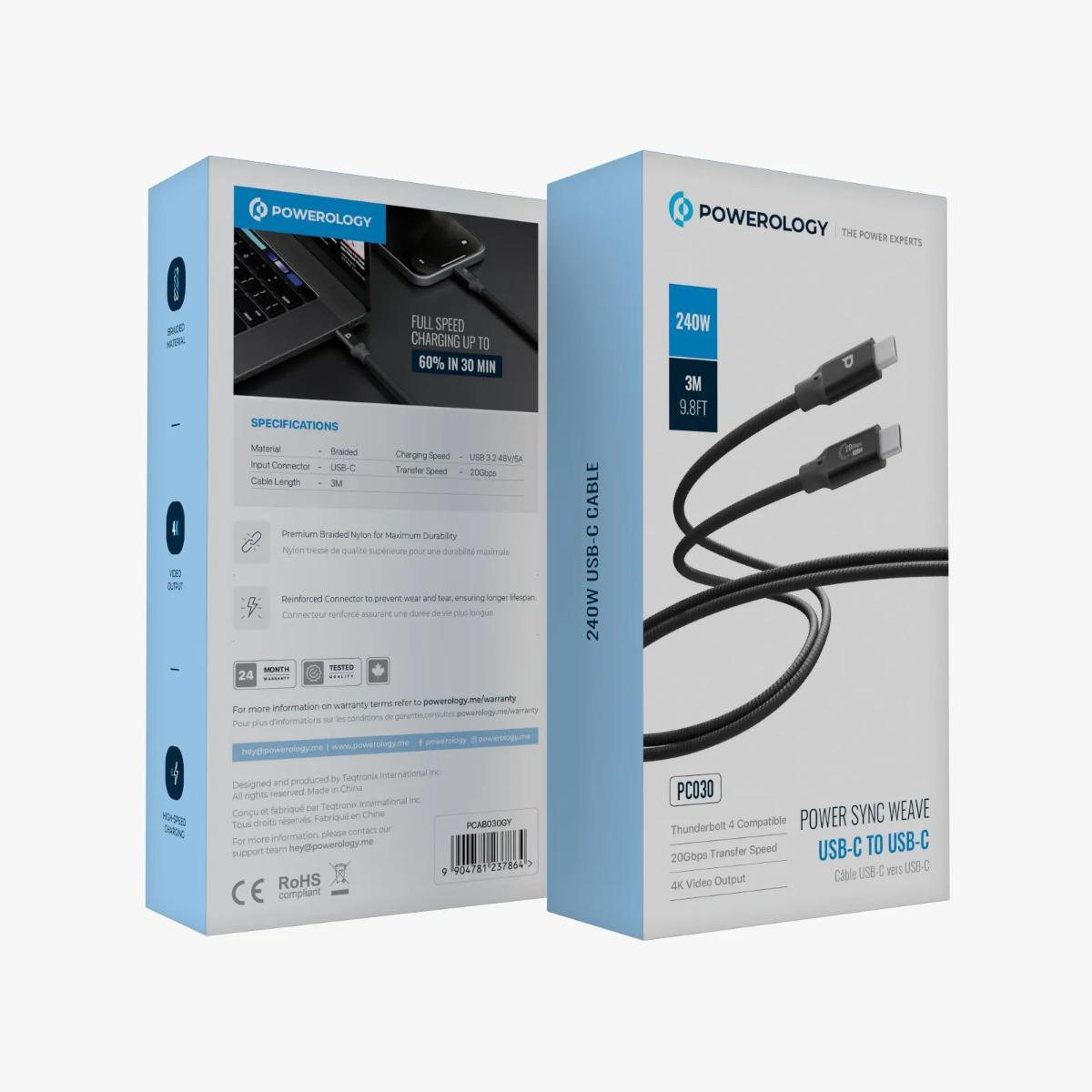 Powerology 240W USB-C to USB-C Cable (3M)