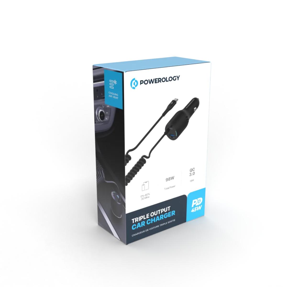 Powerology 98W 3-Port Car Charger & Type-C Cable