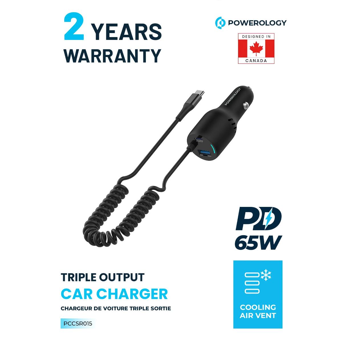 Powerology 98W 3-Port Car Charger & Type-C Cable