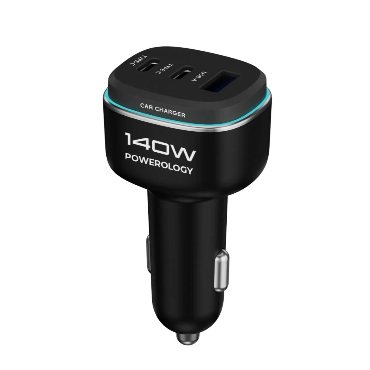 Powerology 140W Triple-Port USB-C Car Charger with Cable