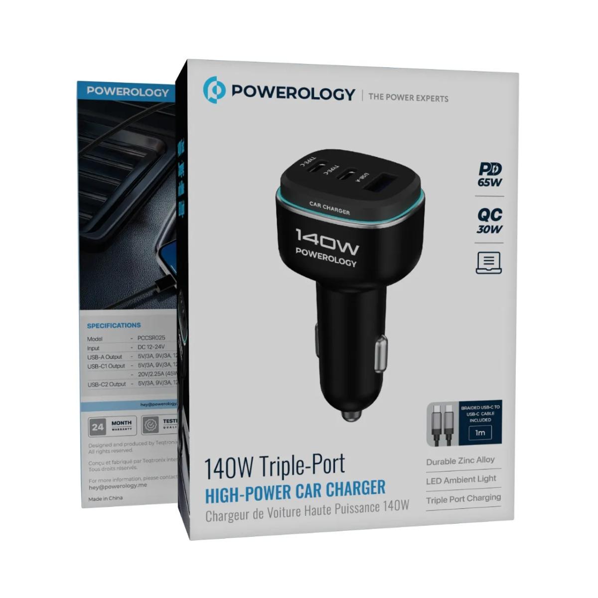 Powerology 140W Triple-Port USB-C Car Charger with Cable
