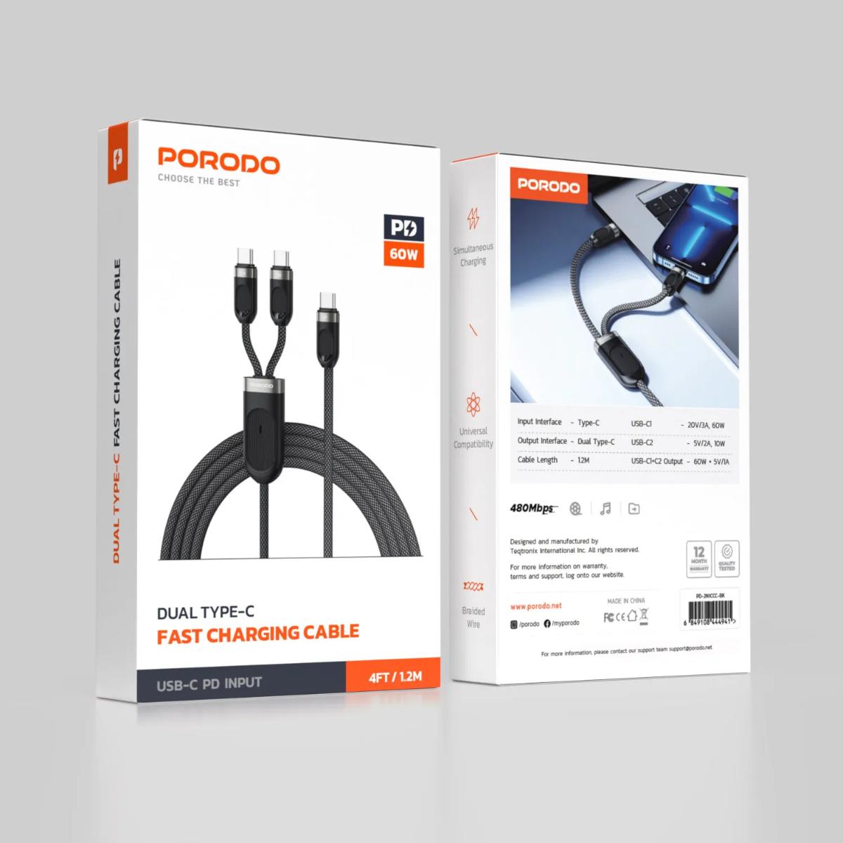 Porodo 2-in-1 Dual USB-C Fast Charging Cable