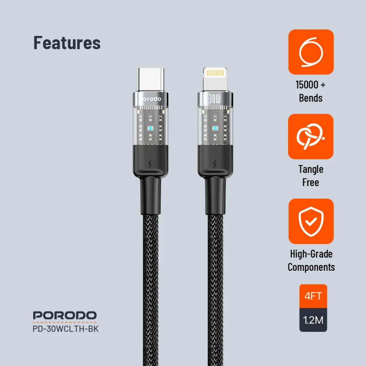 Porodo Transparent 30W USB-C to Lightning Braided Cable