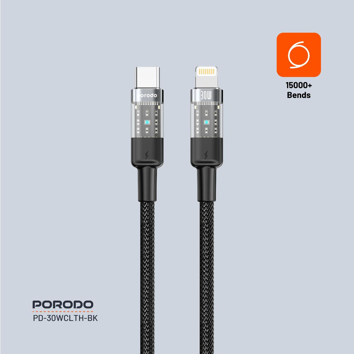 Porodo Transparent 30W USB-C to Lightning Braided Cable
